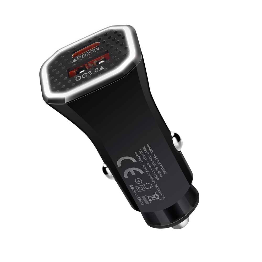YSY-316PD20W QC3.0 USB + PD 20W Type-C Dual Port Mobile Phone Car Charger Fast Charging Adapter - Black-3