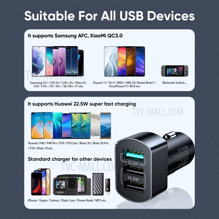 JOYROOM C-A19 38W 3 USB Car Charger QC 3.0 3-Ports Fast Charger Car Phone Charging Adapter for iPhone Xiaomi - Black-3