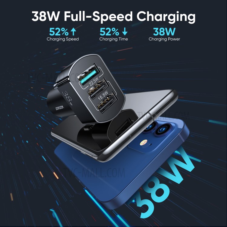 JOYROOM C-A19 38W 3 USB Car Charger QC 3.0 3-Ports Fast Charger Car Phone Charging Adapter for iPhone Xiaomi - Black-4