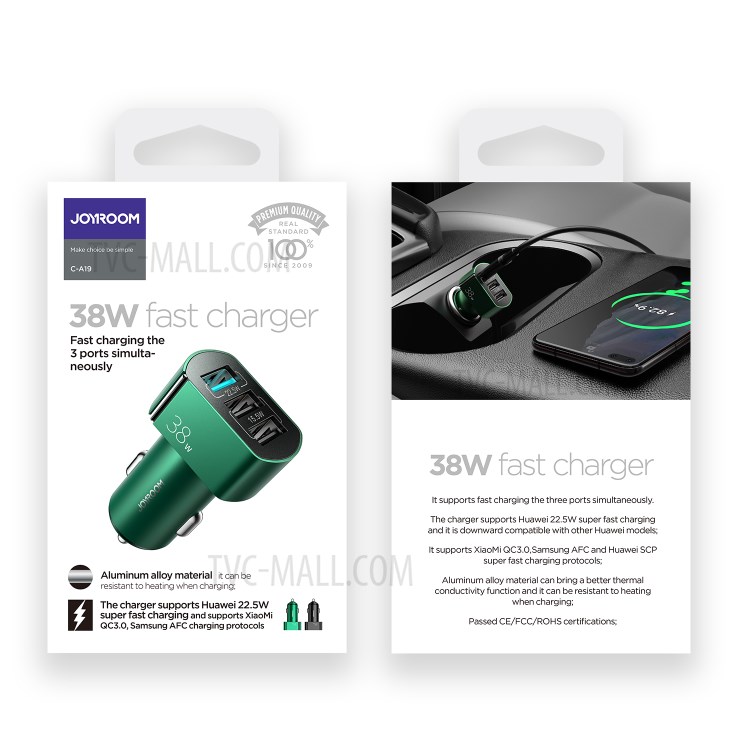 JOYROOM C-A19 38W 3 USB Car Charger QC 3.0 3-Ports Fast Charger Car Phone Charging Adapter for iPhone Xiaomi - Black-9