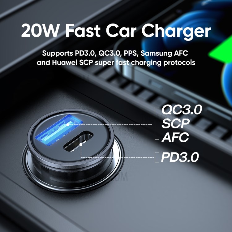 JOYROOM C-A43 Dual Port PD 20W Car Charger Quick Charge QC3.0 Fast Charging Adapter for Samsung iPhone-2