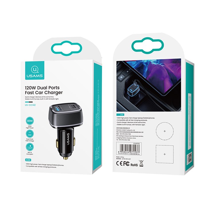 USAMS US-CC142 C24 120W Dual USB Port Car Charger Quick Charging Adapter with LED Light for Phone Tablet - Black-4