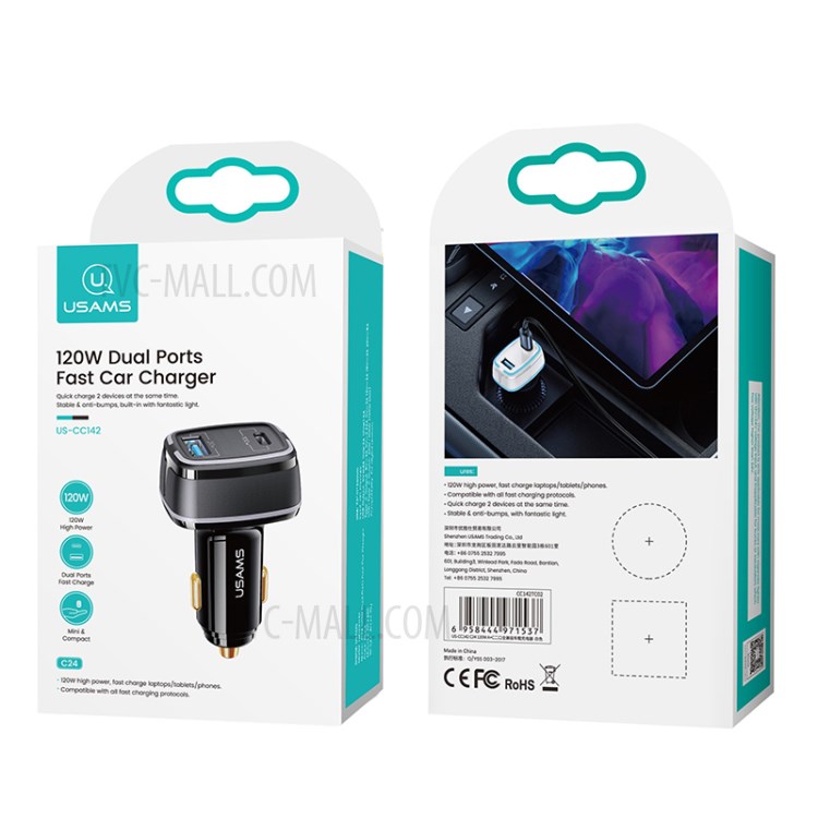 USAMS US-CC142 C24 120W Dual USB Port Car Charger Quick Charging Adapter with LED Light for Phone Tablet - Black-7