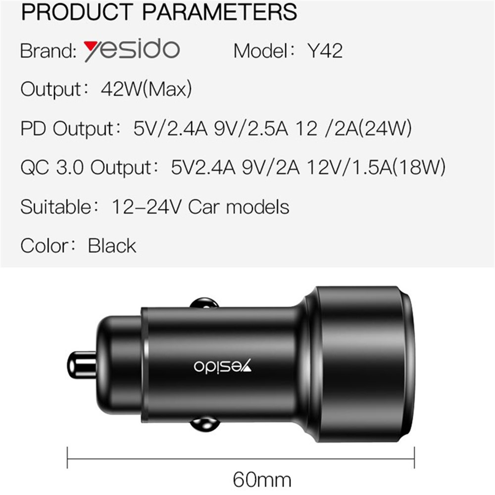 YESIDO Y42 42W USB + Type-c Двойной Порты QC3.0/PD Быстро Зарядка Автомобильное Зарядное Устройство-12