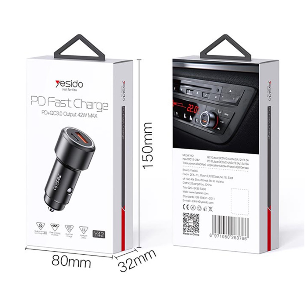 YESIDO Y42 42W USB + Type-C Dual Ports QC3.0/PD Fast Charging Car Charger-13