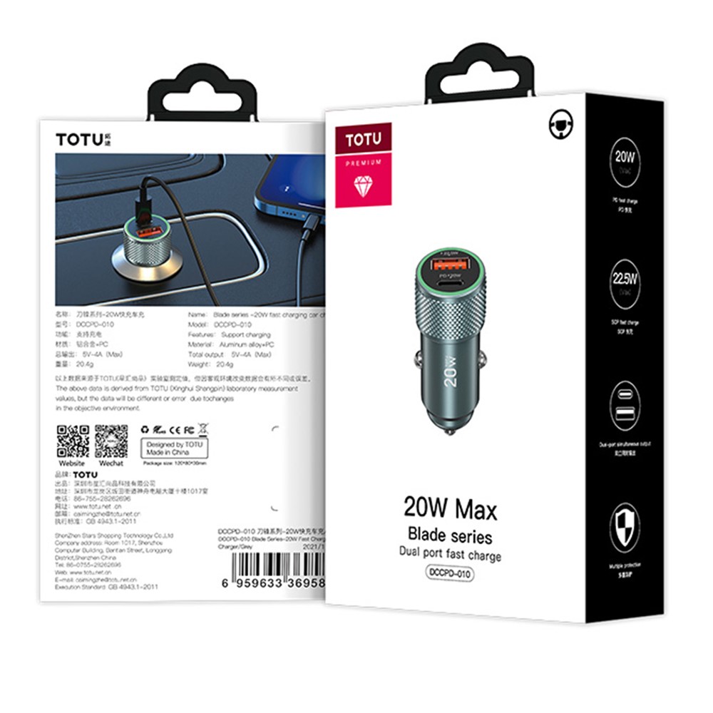 TOTU DCCPD-10 Blade Series USB 18W + Type C 20W Dual Port Car Charger Fast Charging Mobile Phone Charger for iPhone Samsung Xiaomi-6