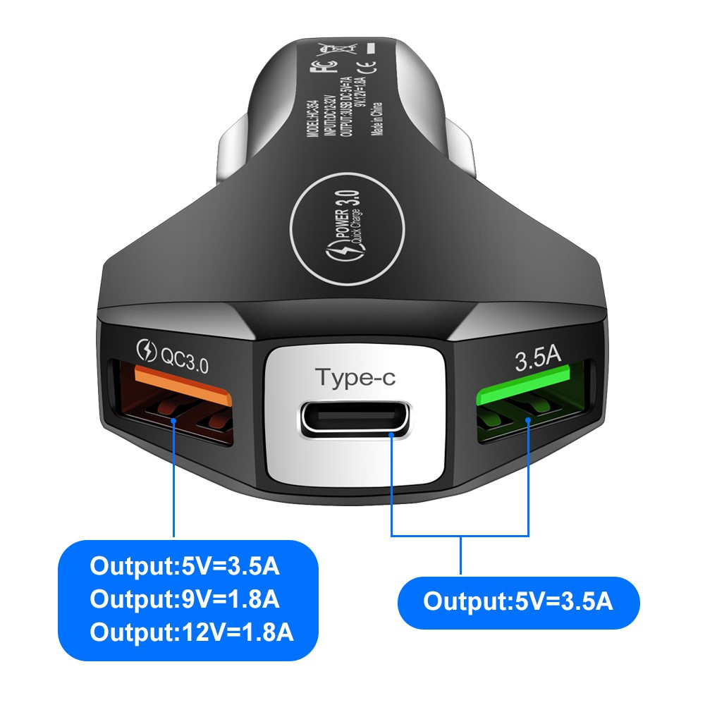 35W 7A Dual USB + 1 Type-C QC3.0 Fast Charging Mobile Phone Car Charger Power Adapter (CE, FCC Certificated) - Black-4