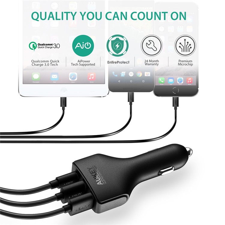 AUKEY CC-Y3 49.5W 3-Port Car Charger with 1 x Type-C + 2 x 3A USB Ports-6