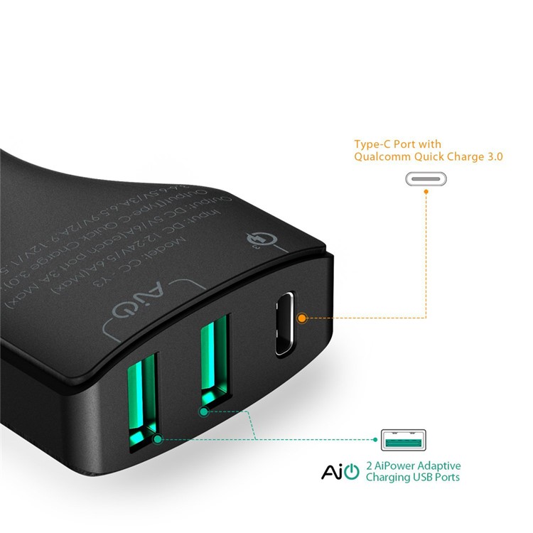 AUKEY CC-Y3 49.5W 3-Port Car Charger with 1 x Type-C + 2 x 3A USB Ports-7