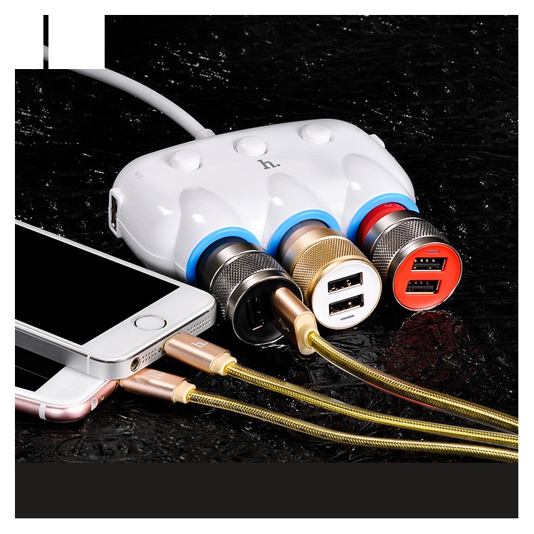 HOCO C1 3-Way Car Cigarette Lighter Socket Splitter with USB Port-1