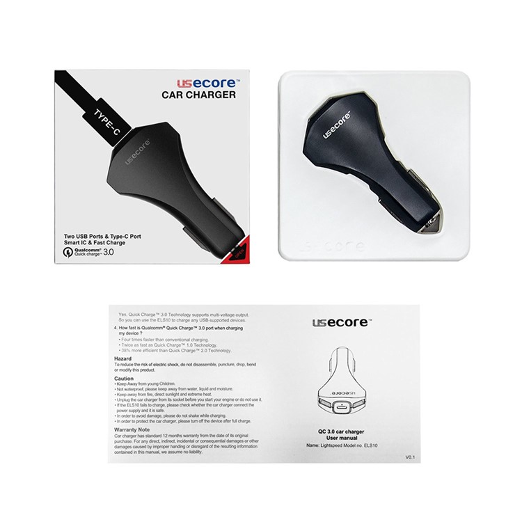 USECORE 2 USB Ports + Type-C Output/input Car Charger with Quick Charger 3.0-8