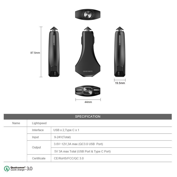 USECORE 2 USB Ports + Type-C Output/input Car Charger with Quick Charger 3.0-9