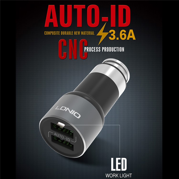 LDNIO C303 Auto-ID 3.6A 2-Port USB Car Charger + Micro USB Cable - Black (CE/RoHS/FCC)-1