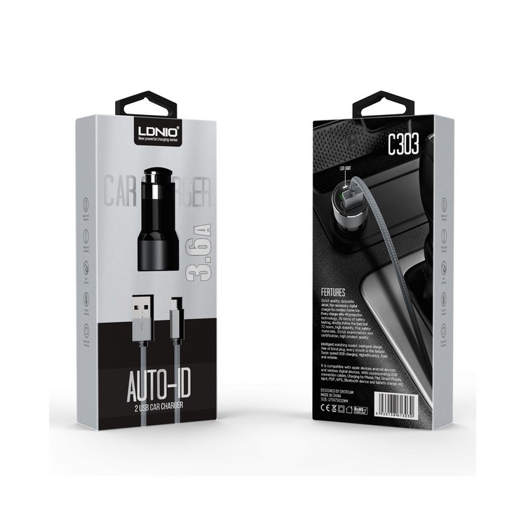 LDNIO C303 Auto-ID 3.6A 2-Port USB Car Charger + Micro USB Cable - Black (CE/RoHS/FCC)-11