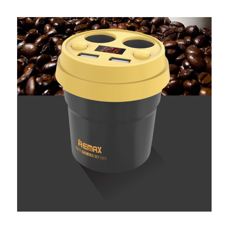 REMAX CE/RoHS Coffee Cup Car Charger 2 USB Output + 2 Cigarette Lighter Extending Ports - Black-3