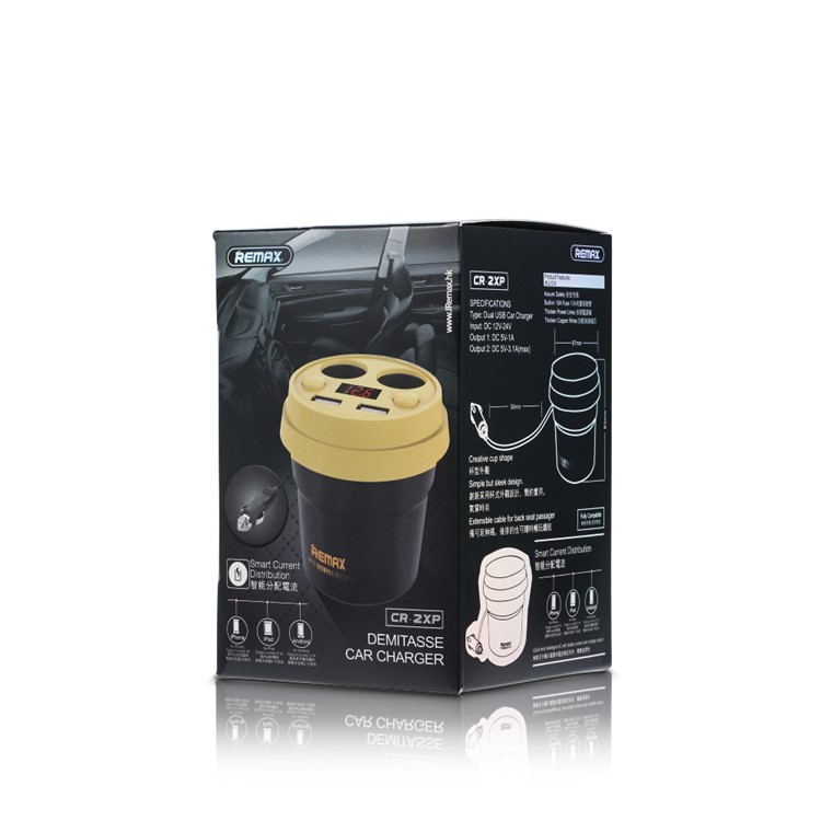 REMAX CE/RoHS Coffee Cup Car Charger 2 USB Output + 2 Cigarette Lighter Extending Ports - Black-6