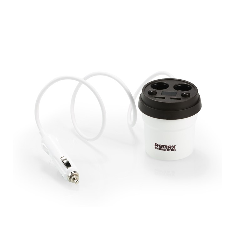 REMAX CE/RoHS Coffee Cup Dual USB Car Charger with 2 Cigarette Lighter Extending Ports - White-2