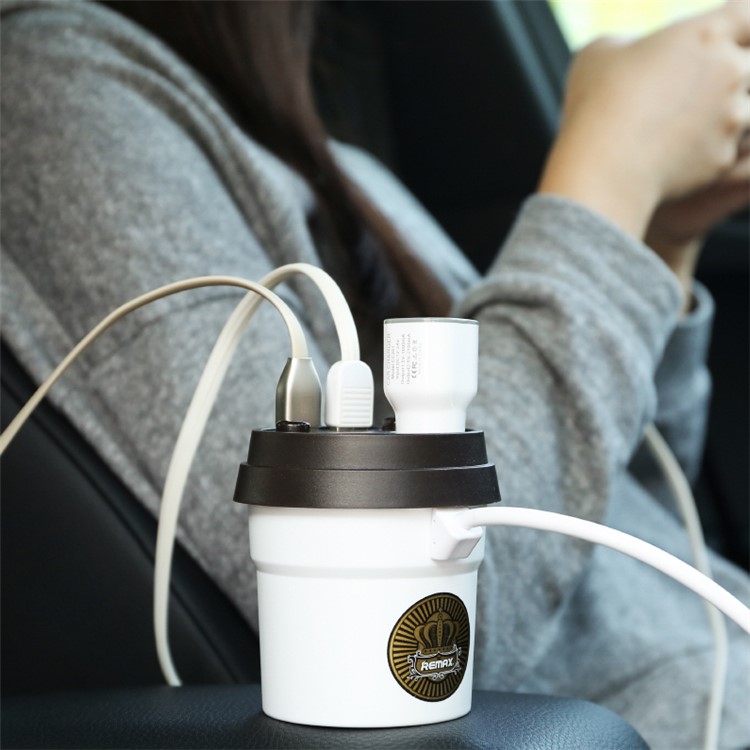 REMAX CE/RoHS Coffee Cup Dual USB Car Charger with 2 Cigarette Lighter Extending Ports - White-3