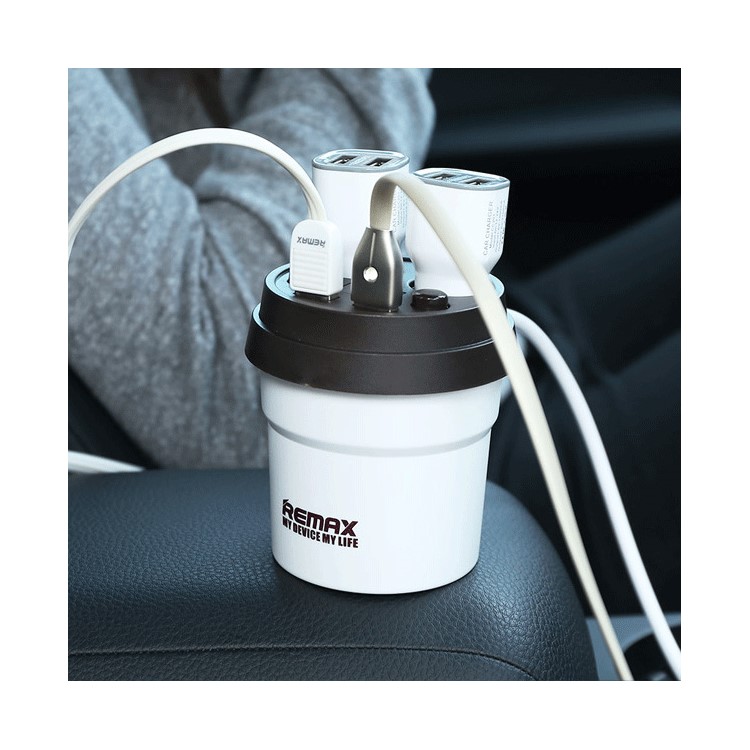 REMAX CE/RoHS Coffee Cup Dual USB Car Charger with 2 Cigarette Lighter Extending Ports - White-4