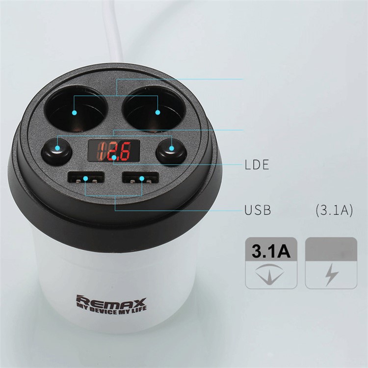 REMAX CE/RoHS Coffee Cup Dual USB Car Charger with 2 Cigarette Lighter Extending Ports - White-5