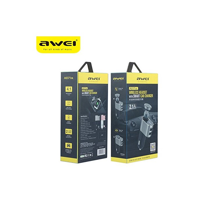 AWEI A871BL 2-in-1 Mini Bluetooth 4.1 Earbud with Mic + Dual USB Car Charger Adapter Car Kit - Silver Color-12