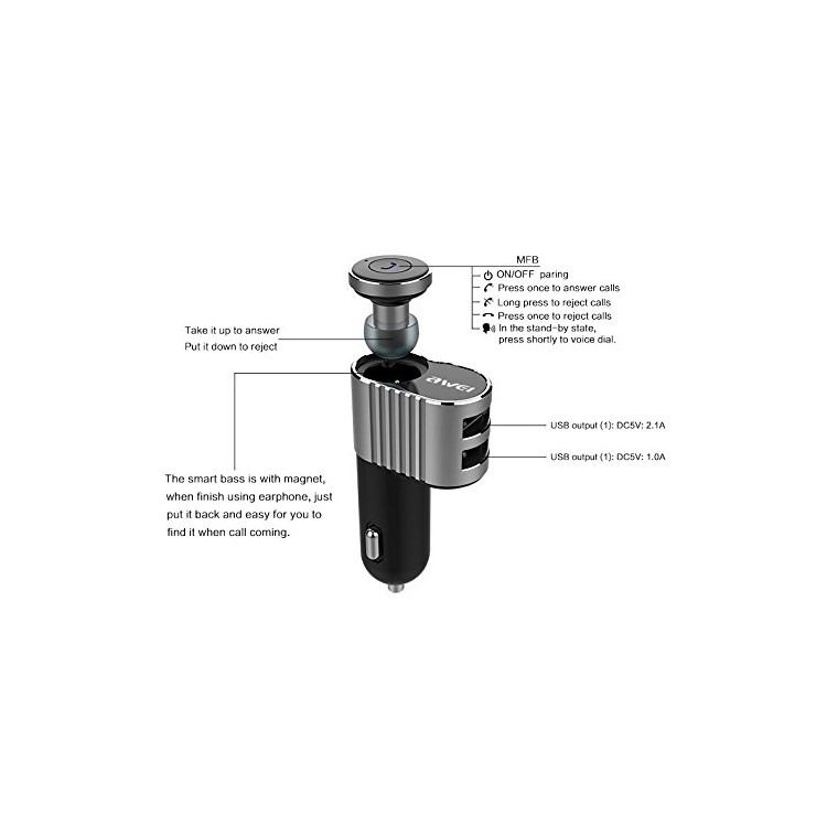 AWEI A871BL 2-in-1 Mini Bluetooth 4.1 Earbud with Mic + Dual USB Car Charger Adapter Car Kit - Silver Color-2