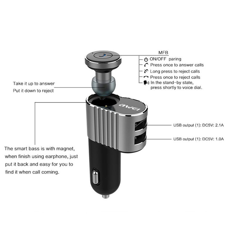 AWEI A871BL 2-in-1 Mini Bluetooth 4.1 Earbud with Mic + Dual USB Car Charger Adapter Car Kit - Silver Color-4