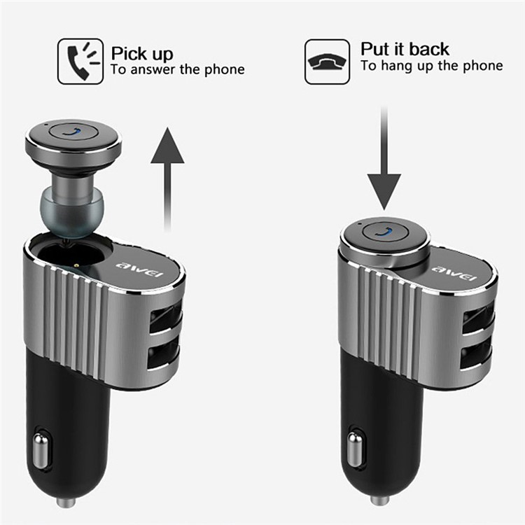 AWEI A871BL 2-in-1 Mini Bluetooth 4.1 Earbud with Mic + Dual USB Car Charger Adapter Car Kit - Silver Color-8