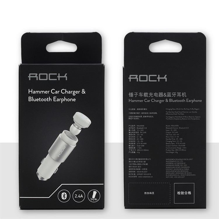 ROCK Hands-free Bluetooth Earphone 2.4A Car Charger with Safety Hammer for iPhone Samsung Etc - Black-10