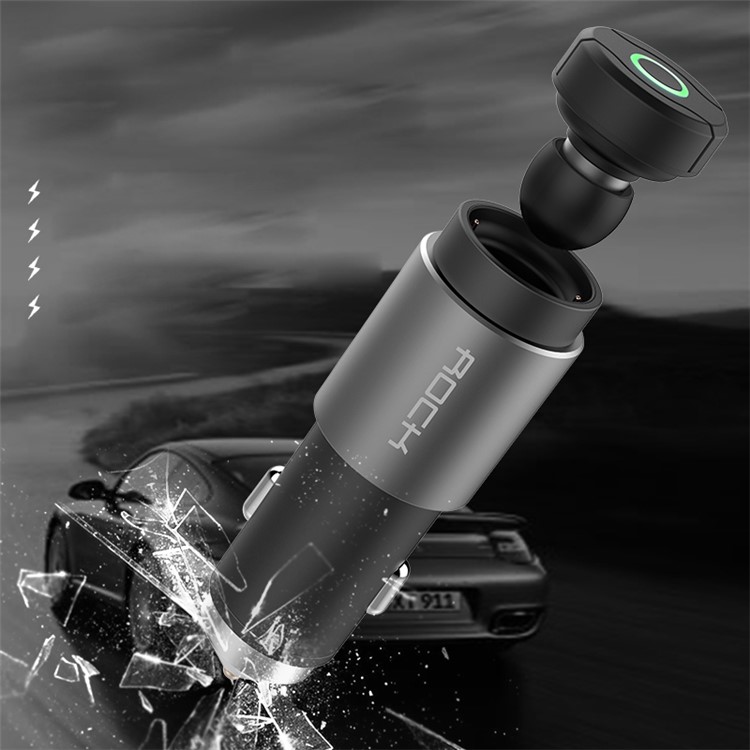 ROCK Hands-free Bluetooth Earphone 2.4A Car Charger with Safety Hammer for iPhone Samsung Etc - Black-2