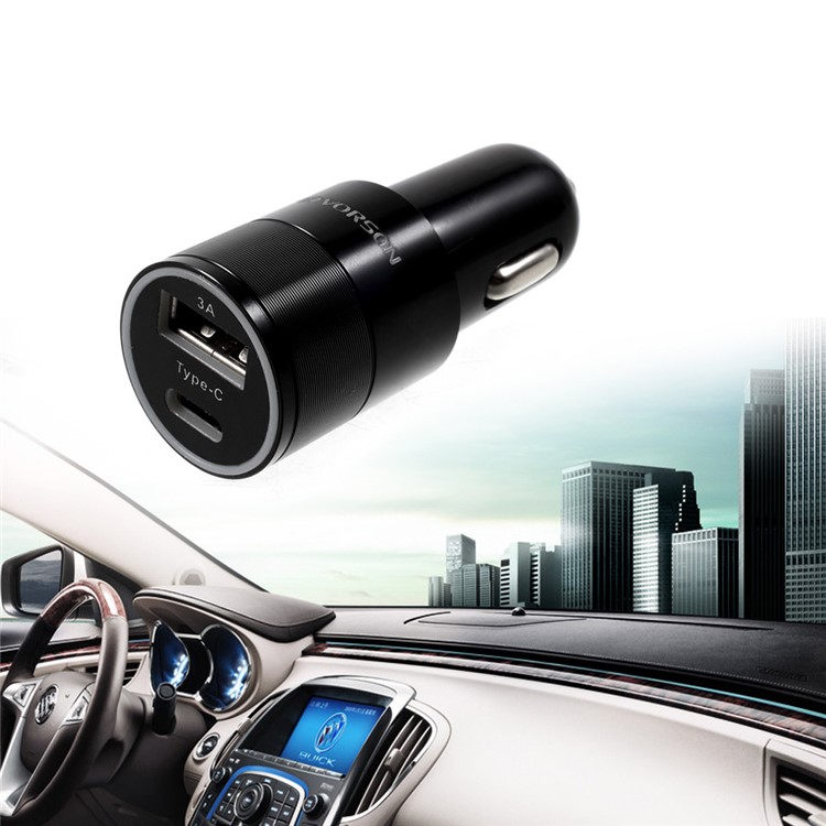 VORSON DC 5V 3A Dual USB Port Car Charger (Type-c + USB 2.0) - Black-1