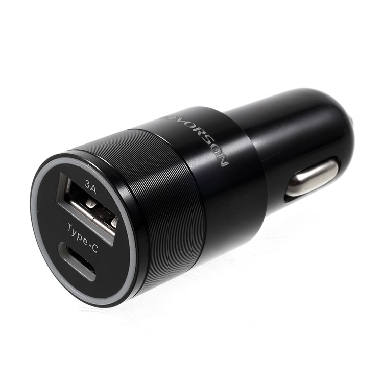 VORSON DC 5V 3A Dual USB Port Car Charger (Type-c + USB 2.0) - Black-2