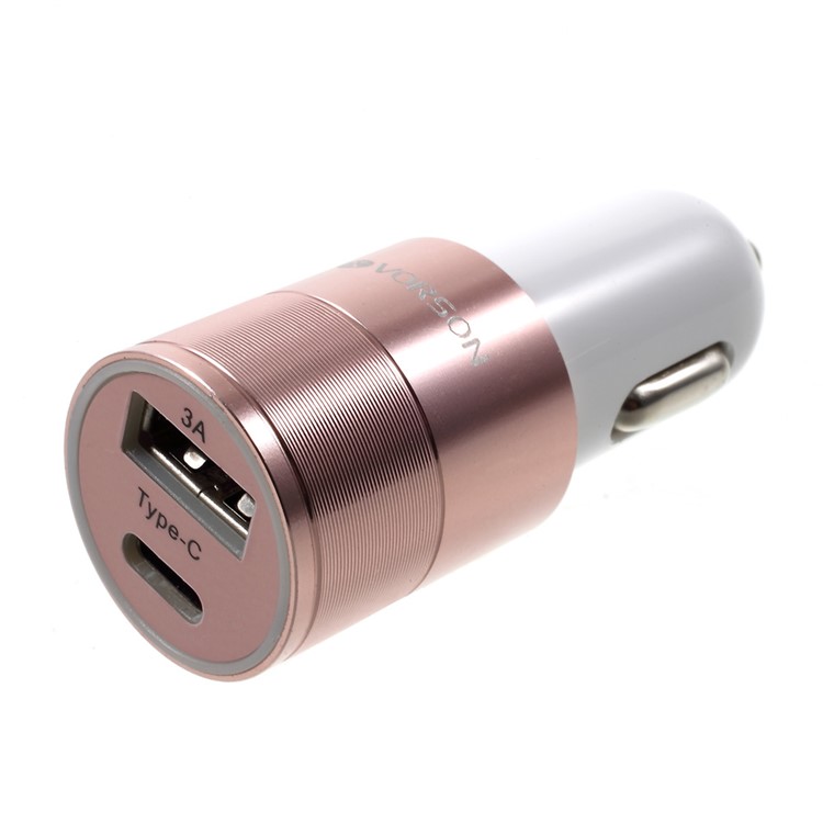 VORSON DC 5V 3A Dual USB Port Car Charger with Type-c Port - Rose Gold Color-1