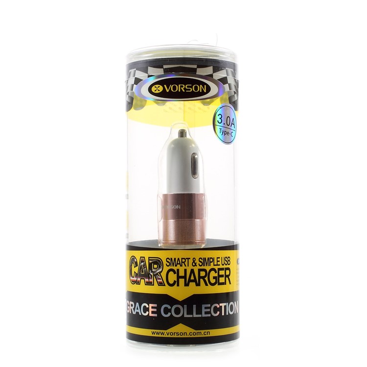 VORSON DC 5V 3A Dual USB Port Car Charger with Type-c Port - Rose Gold Color-7