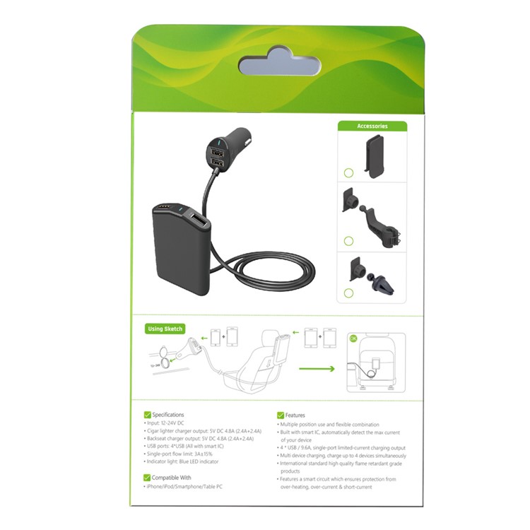 C75 4-Port USB 9.6A Car Front and Back Seat Charger for iPhone Samsung Huawei Etc-12