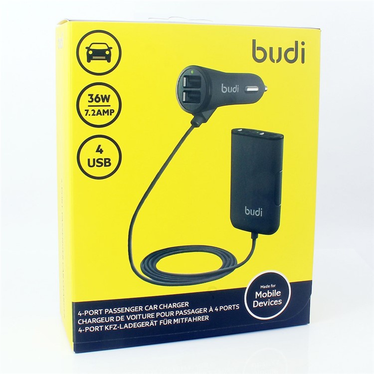 BUDI 4-port USB Car Front and Back Seat Charger with 1.8m Cable for iPhone Samsung Etc-5