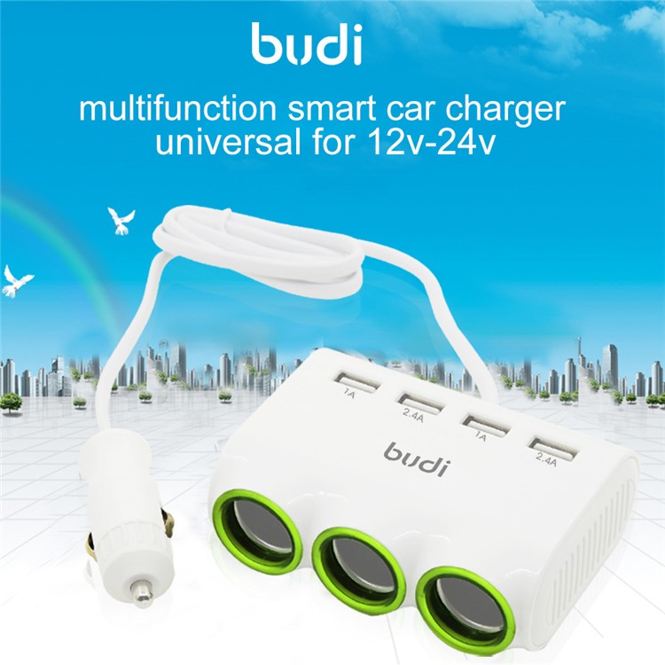 BUDI 4 USB Ports Car Charger with 3 Lighter Cigarette Sockets for Mobile Phones/Tablets/Digital Cameras Etc-1