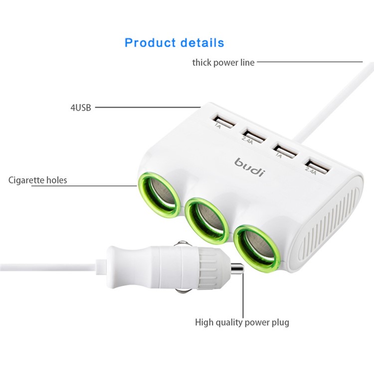 BUDI 4 USB Ports Car Charger with 3 Lighter Cigarette Sockets for Mobile Phones/Tablets/Digital Cameras Etc-3