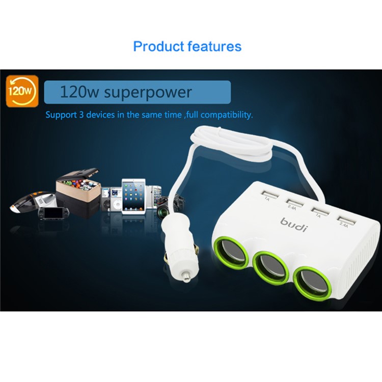 BUDI 4 USB Ports Car Charger with 3 Lighter Cigarette Sockets for Mobile Phones/Tablets/Digital Cameras Etc-4