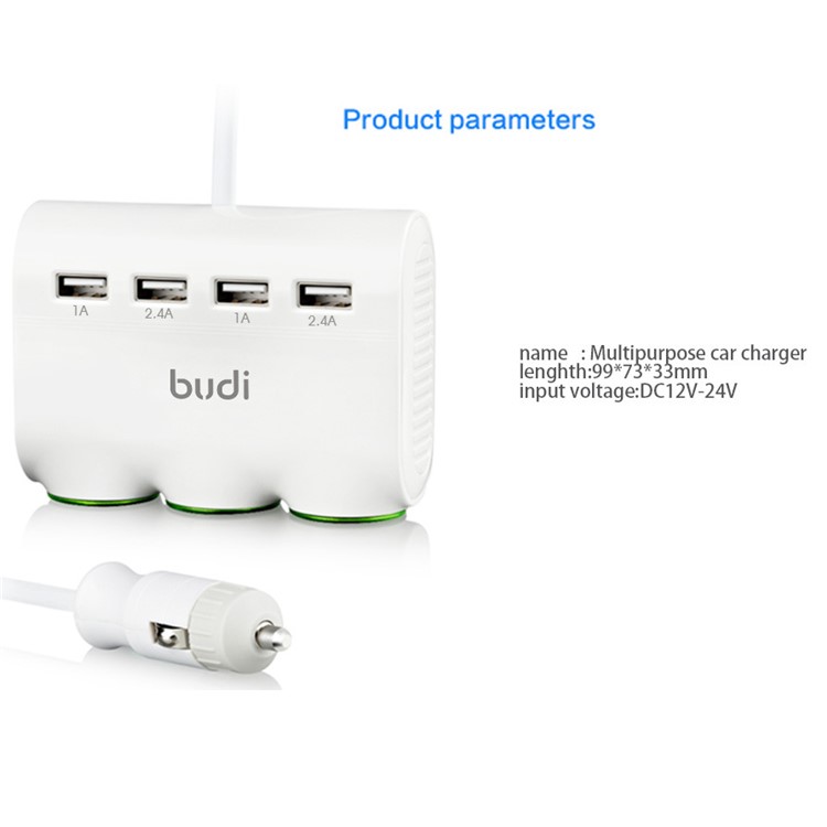 BUDI 4 USB Ports Car Charger with 3 Lighter Cigarette Sockets for Mobile Phones/Tablets/Digital Cameras Etc-5