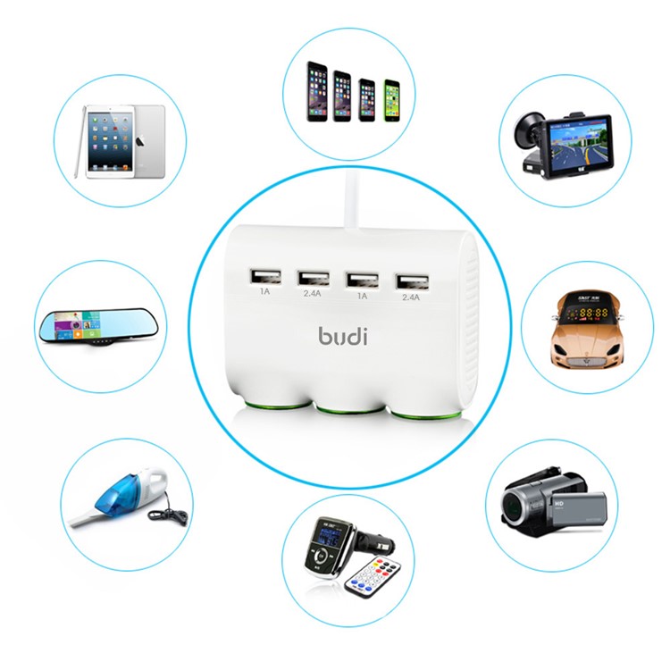BUDI 4 USB Ports Car Charger with 3 Lighter Cigarette Sockets for Mobile Phones/Tablets/Digital Cameras Etc-8