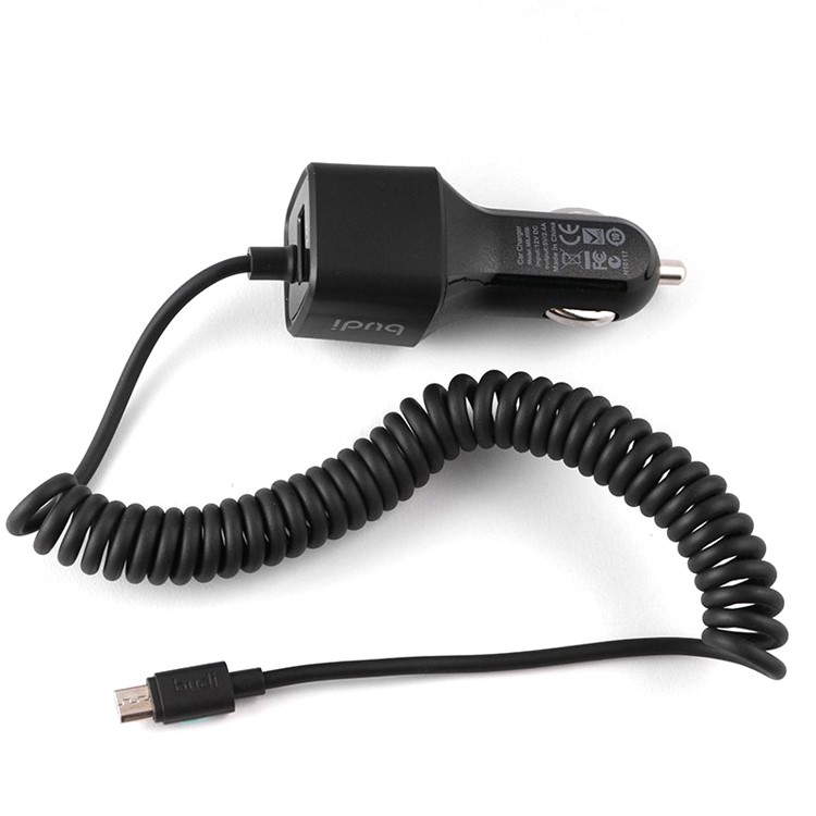 BUDI 12W 2.4A USB Car Charger with 1.8m/6ft Micro USB Coiled Cord for Samsung Sony Huawei-1