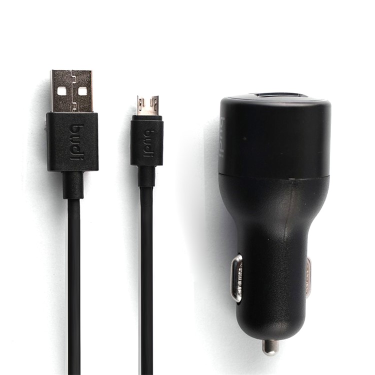 BUDI 2-Port USB Car Charger + Micro USB Cable (CE/FCC) for iPhone iPad Samsung - Black-1