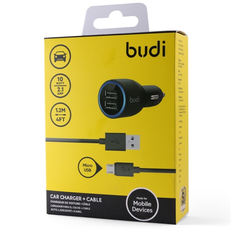 BUDI 2-Port USB Car Charger + Micro USB Cable (CE/FCC) for iPhone iPad Samsung - Black-8