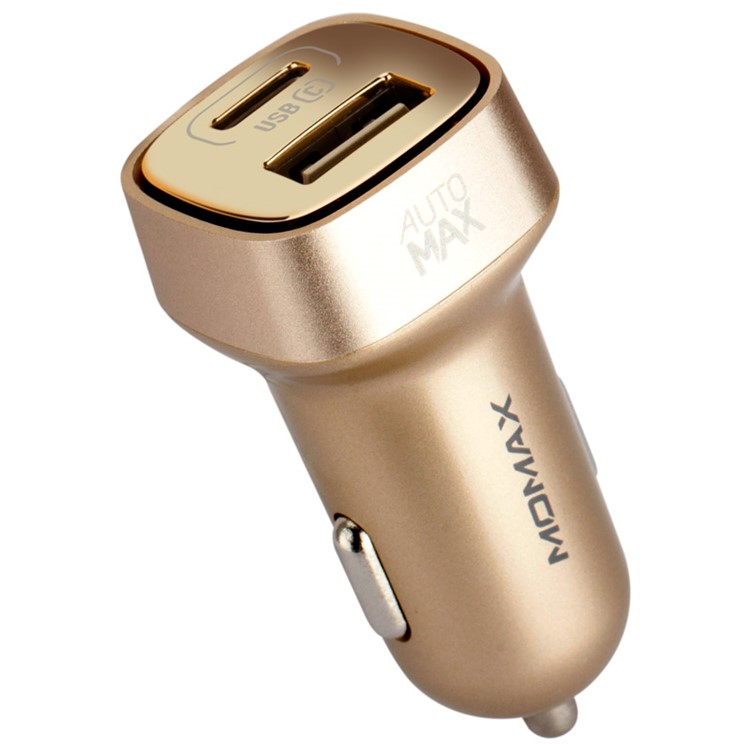 MOMAX Dual USB 5V 5.4A Car Charger with Type-C Port for iPhone iPad Samsung - Champagne Gold Color-1
