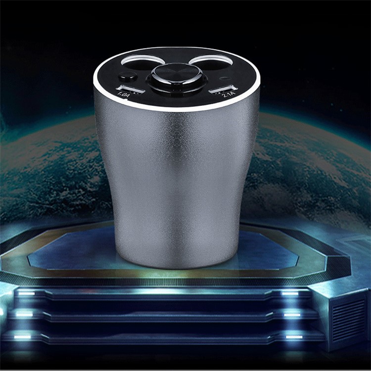 Single Bluetooth Earphone + Dual USB + 2 Cigarette Lighter Sockets Car Charger 12V Power Adapter - Grey-1