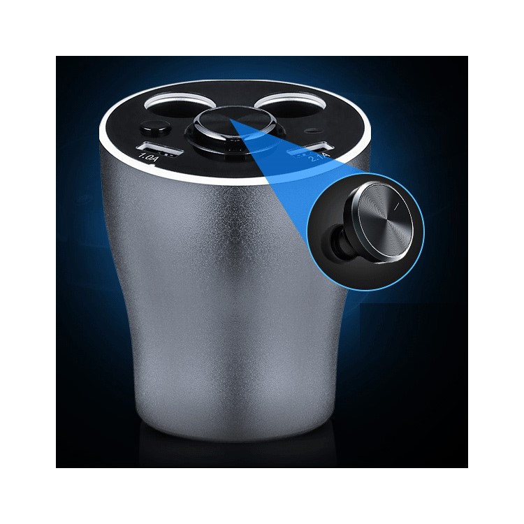 Single Bluetooth Earphone + Dual USB + 2 Cigarette Lighter Sockets Car Charger 12V Power Adapter - Grey-3