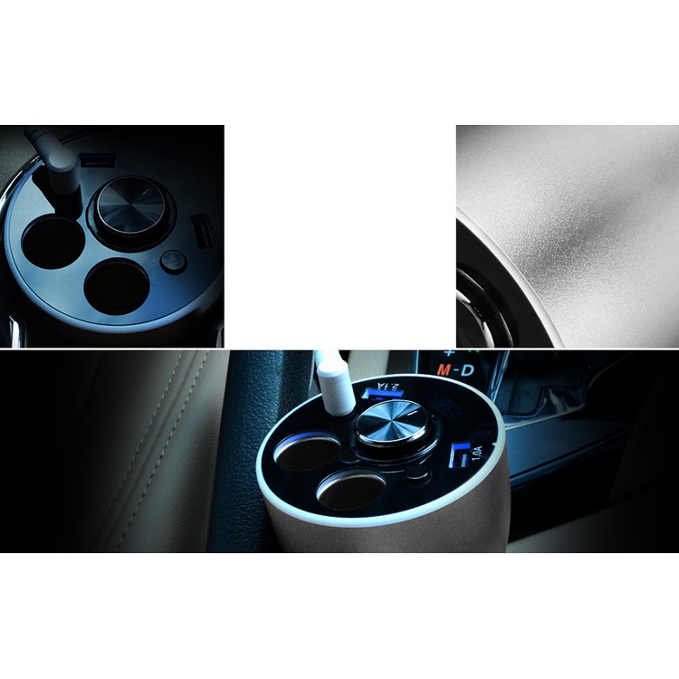 Single Bluetooth Earphone + Dual USB + 2 Cigarette Lighter Sockets Car Charger 12V Power Adapter - Grey-4