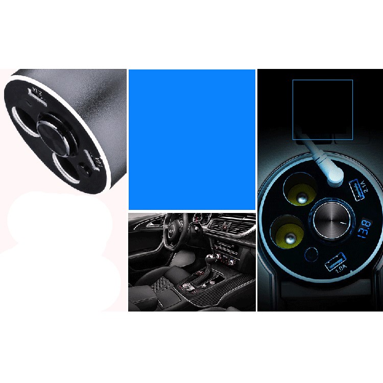 Single Bluetooth Earphone + Dual USB + 2 Cigarette Lighter Sockets Car Charger 12V Power Adapter - Grey-9