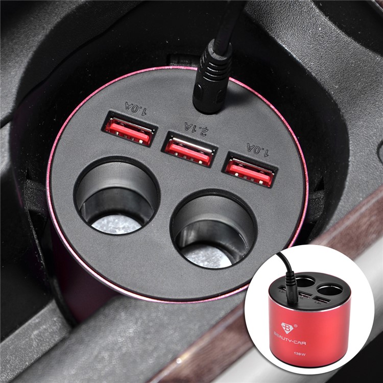 B-084 120W 4.2A Three USB Car Charger + Dual Cigarette Lighter Sockets for iPhone Samsung Huawei - Red-1